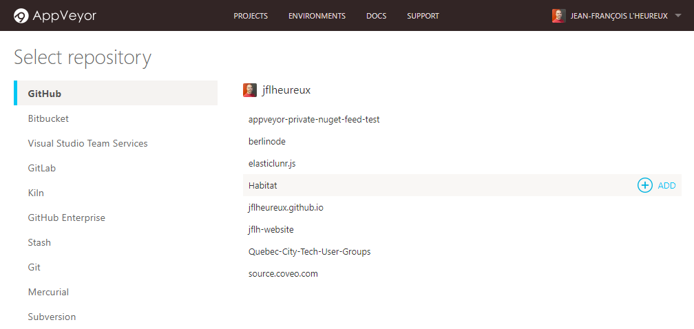 Add an AppVeyor project from GitHub