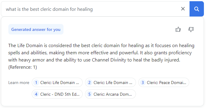 GenAI giving its opinion on best healing domain for clerics