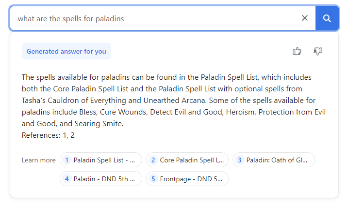 GenAI giving examples of Paladin spells